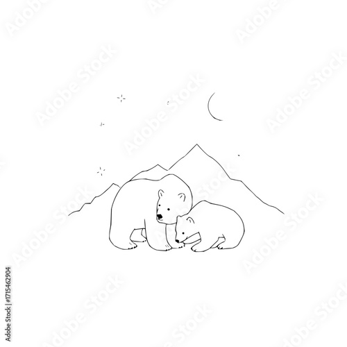 Illustration of two polar bears in front of mountains under a crescent moon and stars at night time