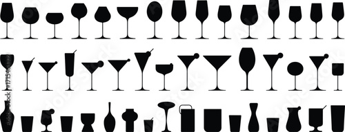 Drinkware silhouettes, beverage icons, wine glass set, cocktail cup graphics, barware collection, hospitality tools, black drinkware, mug and tumbler, stemmed glassware, kitchen visuals