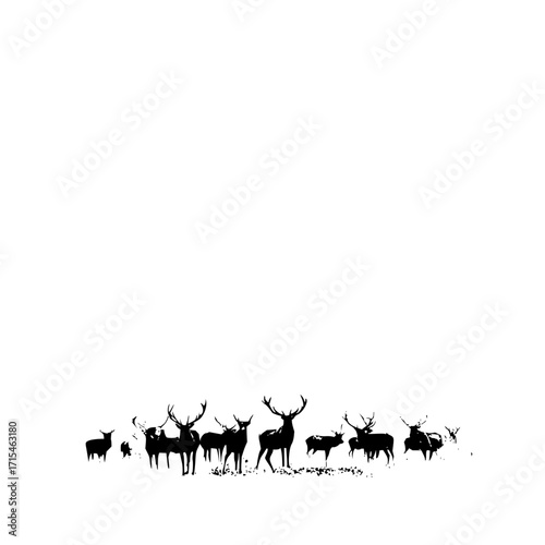 Silhouette depiction of a group of deer standing together in a field on a white background image