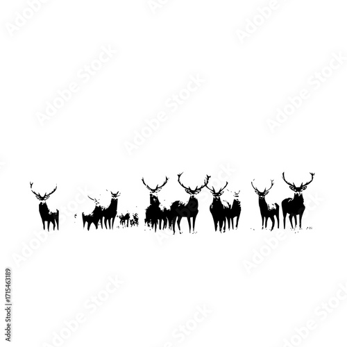 Silhouette illustration of a herd of deer standing in a field with large antlers in black and white art