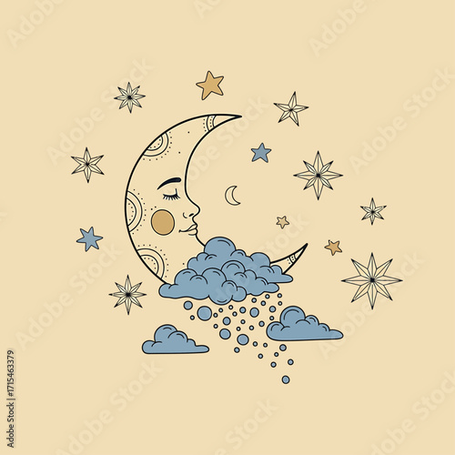 A stylized crescent moon, depicted as sleeping, resting on clouds with falling stars and celestial elements.