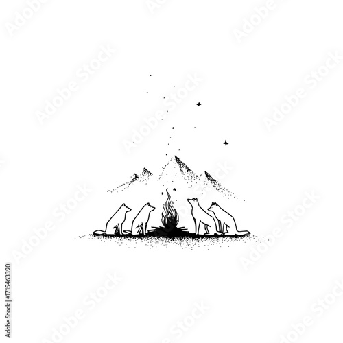 Five wolves sit around a campfire with mountains and stars in the background in black and white art