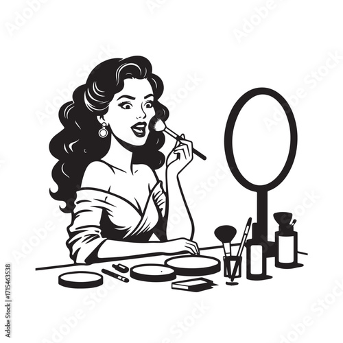 Black and white line art of a beautiful woman doing makeup at dressing table with mirror illustration