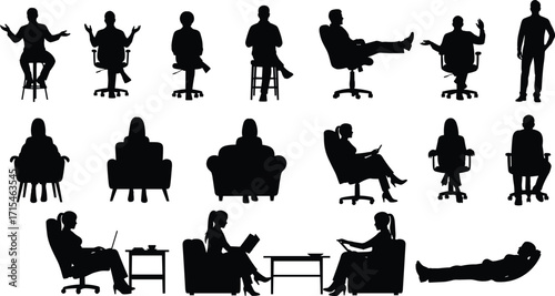 Seated figure silhouettes, sitting poses, relaxed posture icons, ergonomic visuals, lifestyle graphics, casual and professional, reading and writing, black figures, human behavior, design reference