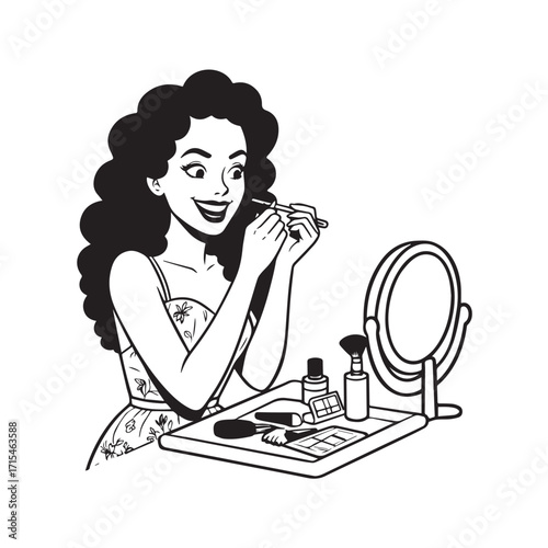 Black and white line art of a beautiful woman doing makeup at dressing table with mirror illustration