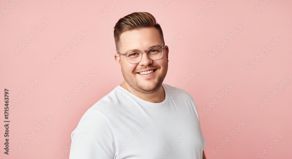 Obraz premium Charming Plus Size Man with Short Hair, Clear Glasses, White Tee, on Minimal Pink