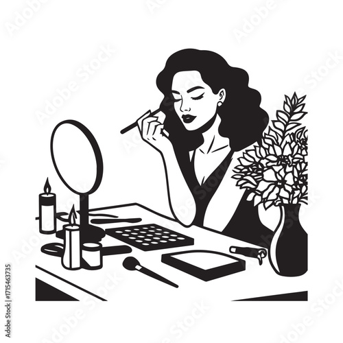 Black and white line art of a beautiful woman doing makeup at dressing table with mirror illustration