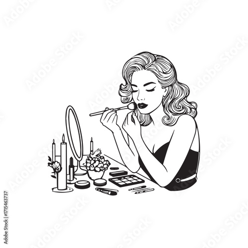Black and white line art of a beautiful woman doing makeup at dressing table with mirror illustration