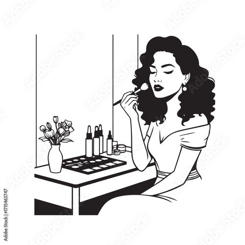 Black and white line art of a beautiful woman doing makeup at dressing table with mirror illustration