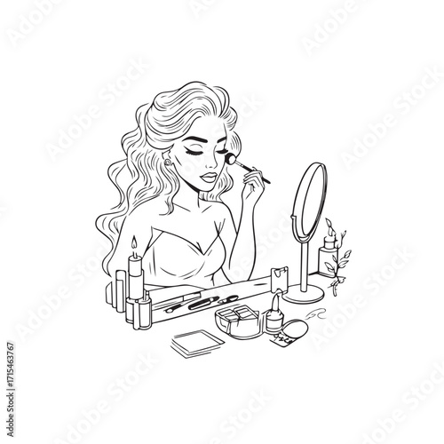 Black and white line art of a beautiful woman doing makeup at dressing table with mirror illustration