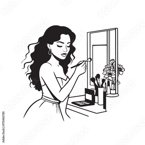 Black and white line art of a beautiful woman doing makeup at dressing table with mirror illustration