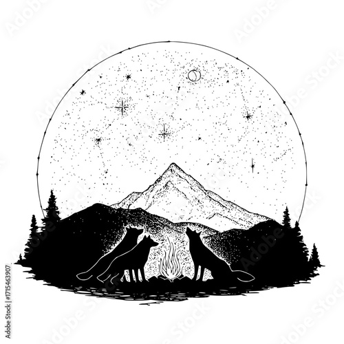 Illustration of wolves around a campfire with mountains and stars under a moonlit night sky view