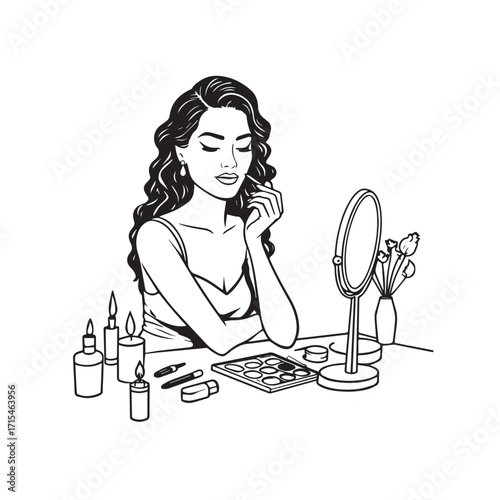 Black and white line art of a beautiful woman doing makeup at dressing table with mirror illustration