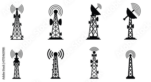 Collection of various black silhouette communication towers and satellite dishes
