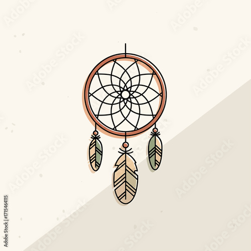 A stylized dream catcher, featuring a circular frame, intricate design, and decorative feathers.