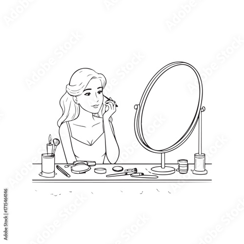 Black and white line art of a beautiful woman doing makeup at dressing table with mirror illustration