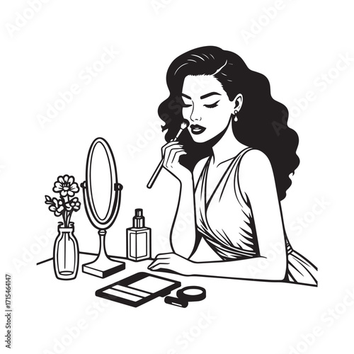 Black and white line art of a beautiful woman doing makeup at dressing table with mirror illustration