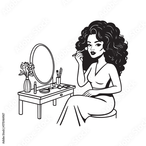 Black and white line art of a beautiful woman doing makeup at dressing table with mirror illustration