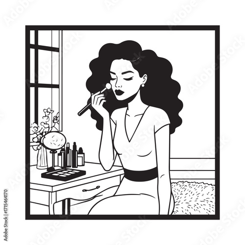 Black and white line art of a beautiful woman doing makeup at dressing table with mirror illustration