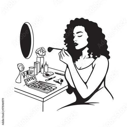 Black and white line art of a beautiful woman doing makeup at dressing table with mirror illustration