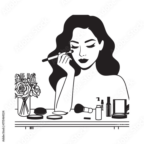 Black and white line art of a beautiful woman doing makeup at dressing table with mirror illustration