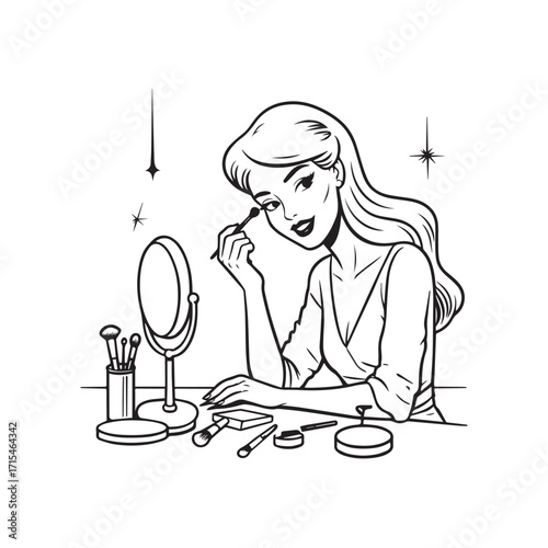 Black and white line art of a beautiful woman doing makeup at dressing table with mirror illustration