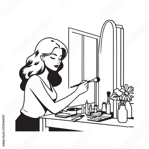 Black and white line art of a beautiful woman doing makeup at dressing table with mirror illustration