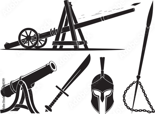 Ancient warfare tools cannon spear helmet sword catapult
