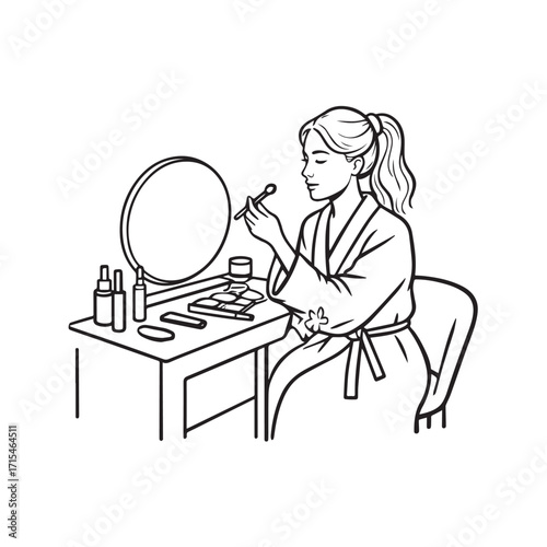 Black and white line art of a beautiful woman doing makeup at dressing table with mirror illustration