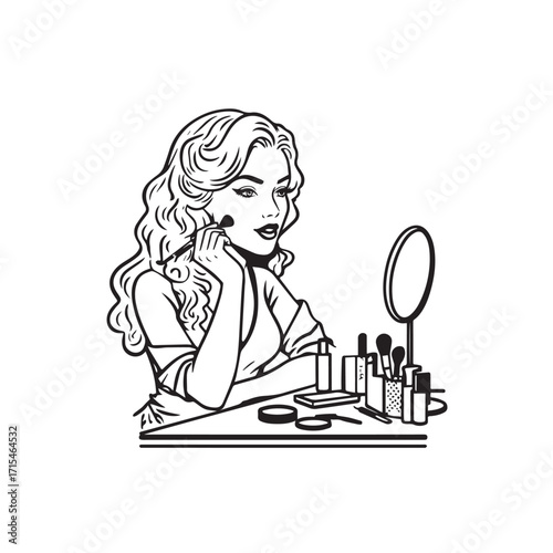 Black and white line art of a beautiful woman doing makeup at dressing table with mirror illustration