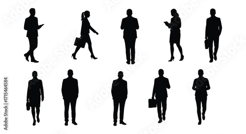 Silhouettes of diverse business people walking and standing in a group