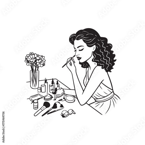 Black and white line art of a beautiful woman doing makeup at dressing table with mirror illustration