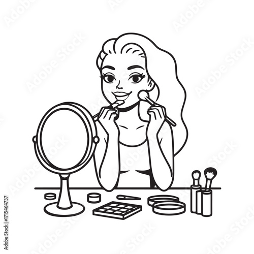 Black and white line art of a beautiful woman doing makeup at dressing table with mirror illustration
