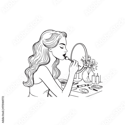 Black and white line art of a beautiful woman doing makeup at dressing table with mirror illustration