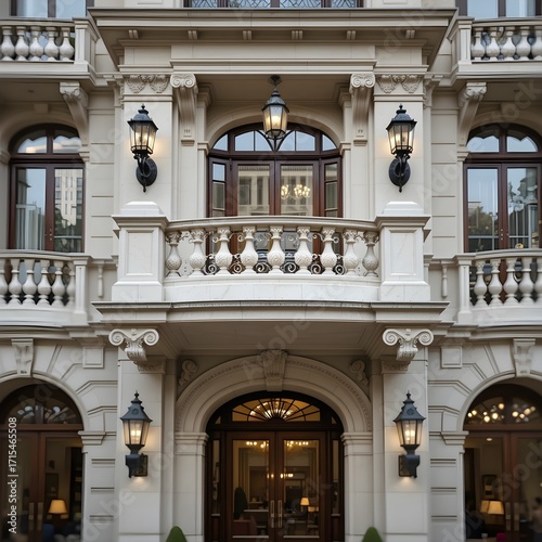exterior of a luxury hotel, with a beautiful terrace,  with a beautiful balcony, a luxury hotel, AI Generative