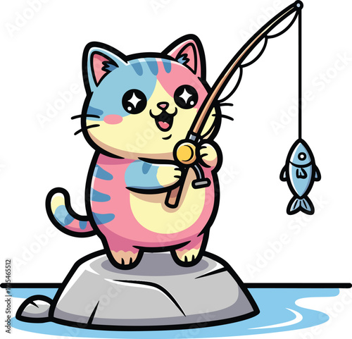 Cute cartoon cat happily fishing on a rock with a fishing rod and a fish in the water.