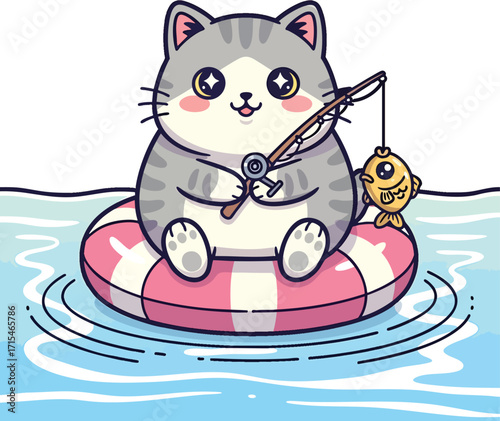 A cute cartoon cat fishing from a life preserver in the water.