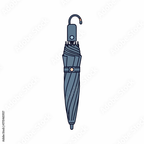 Illustration of a closed blue umbrella with a hook handle against a white background.