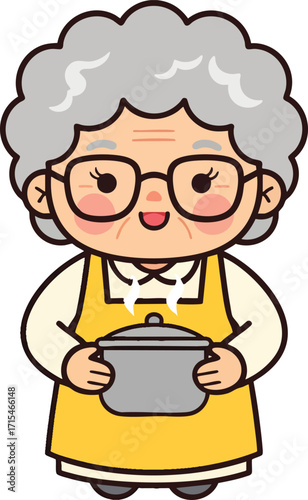A cute cartoon illustration of a smiling grandmother in a yellow apron holding a cooking pot.
