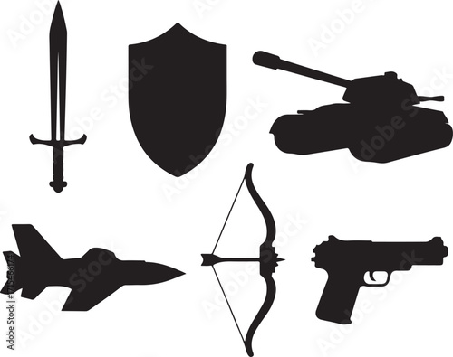 Diverse weaponry silhouettes power protection conflict strategy