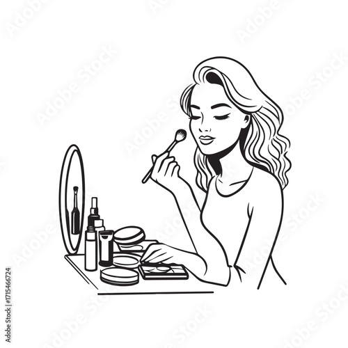 Black and white line art of a beautiful woman doing makeup at dressing table with mirror illustration
