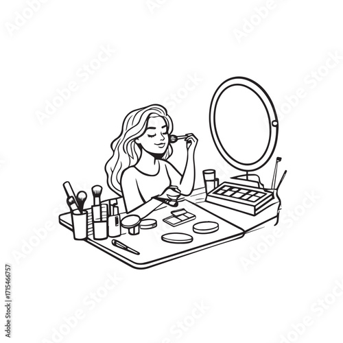 Black and white line art of a beautiful woman doing makeup at dressing table with mirror illustration
