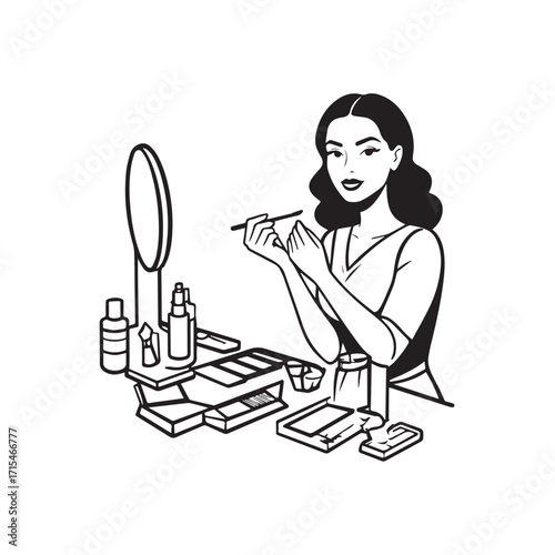 Black and white line art of a beautiful woman doing makeup at dressing table with mirror illustration

