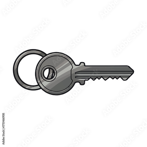 Illustration of a single metal key with a ring on a white background, showcasing detailed grayscale shading and texture.
