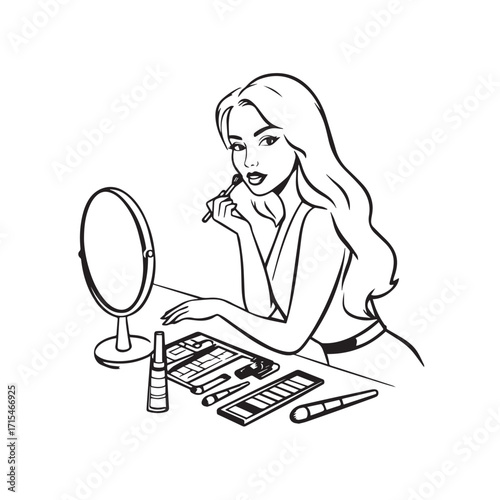 Black and white line art of a beautiful woman doing makeup at dressing table with mirror illustration
