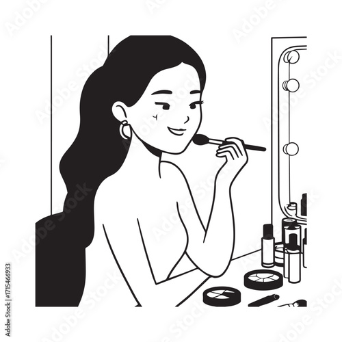 Black and white line art of a beautiful woman doing makeup at dressing table with mirror illustration
