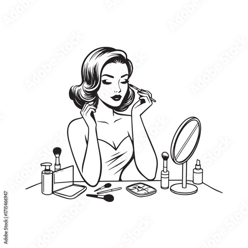 Black and white line art of a beautiful woman doing makeup at dressing table with mirror illustration
