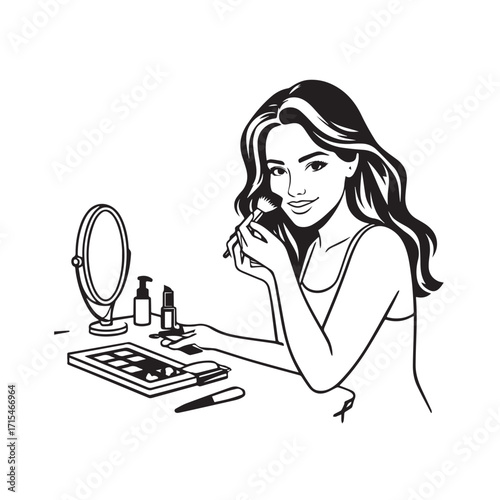 Black and white line art of a beautiful woman doing makeup at dressing table with mirror illustration
