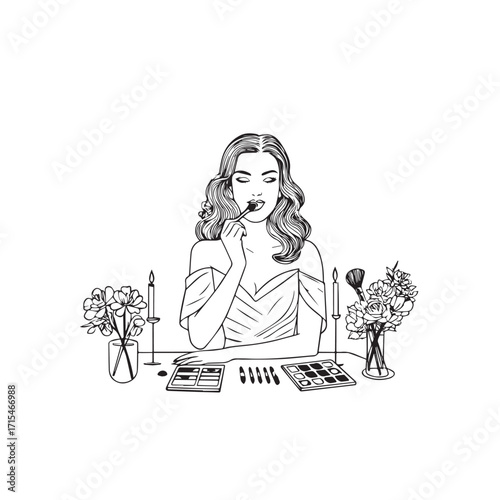 Black and white line art of a beautiful woman doing makeup at dressing table with mirror illustration

