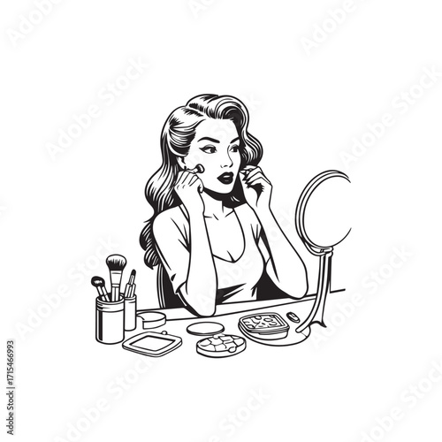 Black and white line art of a beautiful woman doing makeup at dressing table with mirror illustration
